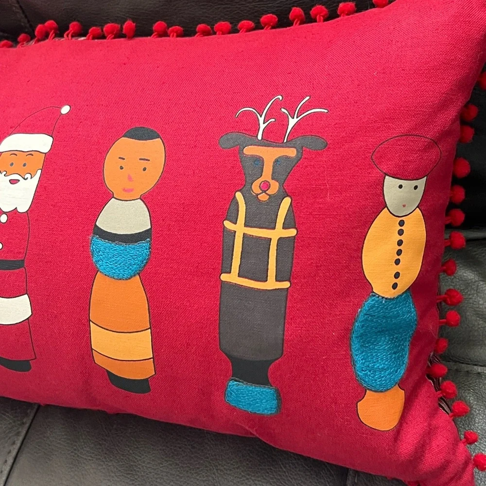 Crate & Barrel Winder Red Embroidered Feathered Christmas Pillow Santa Reindeer